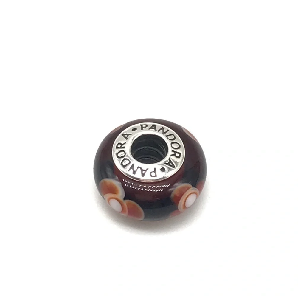 Pandora Dark Red Orange Floral Flower Murano Glass Charm